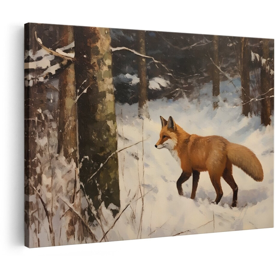 Artaza Canvas Schilderij Vos - 150x100 cm - Groot - Wanddecoratie Besneeuwd Bos - Muurdecoratie Dieren - Decoratie Winter Natuur afbeelding 1