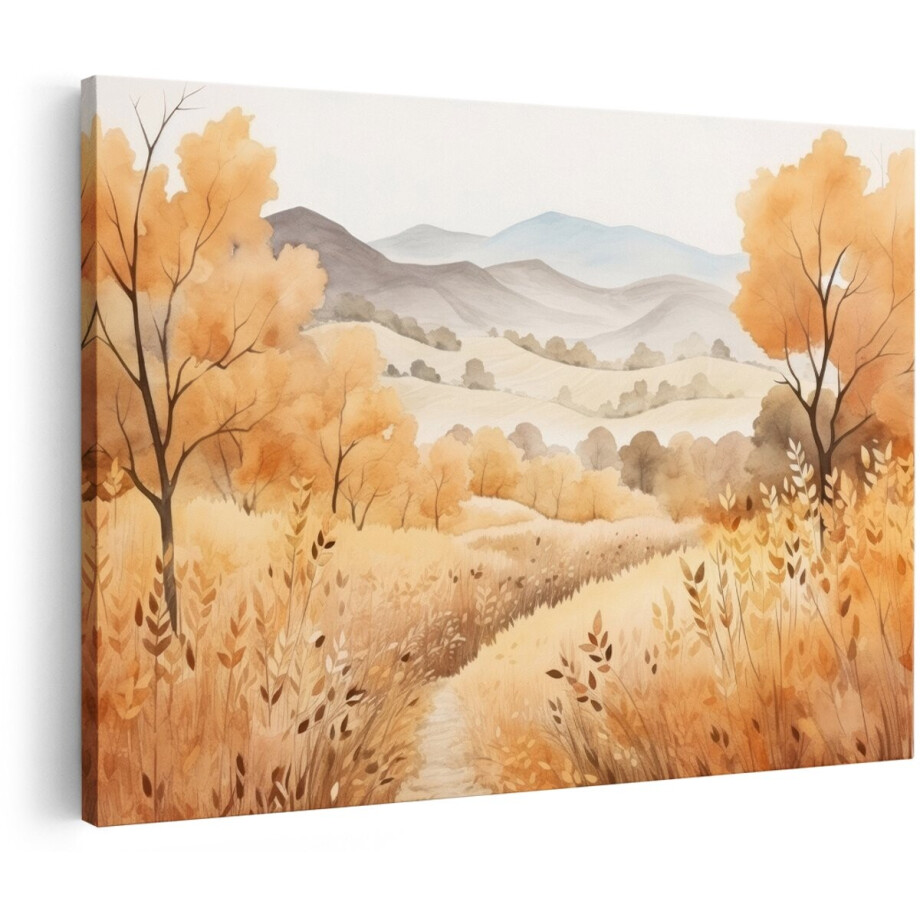 Artaza Canvas Schilderij Herfstlandschap - 150x100 cm - Groot - Wanddecoratie Natuur - Muurdecoratie Glooiende Heuvels - Decoratie Bomen - Oker afbeelding 1