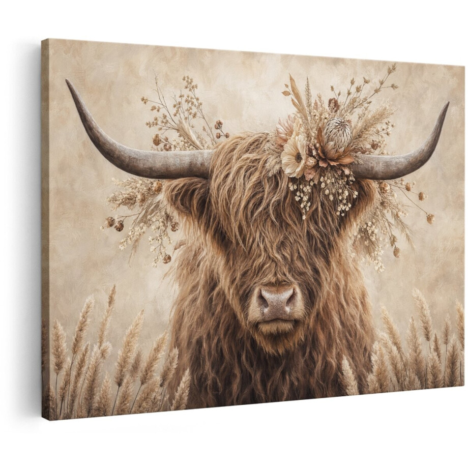 Artaza Canvas Schilderij Highlander Met Bloemen - Landelijk Portret In Beige Bruin - 90x60 cm - Wanddecoratie Woonkamer - Schilderijen - Muurdecoratie afbeelding 1