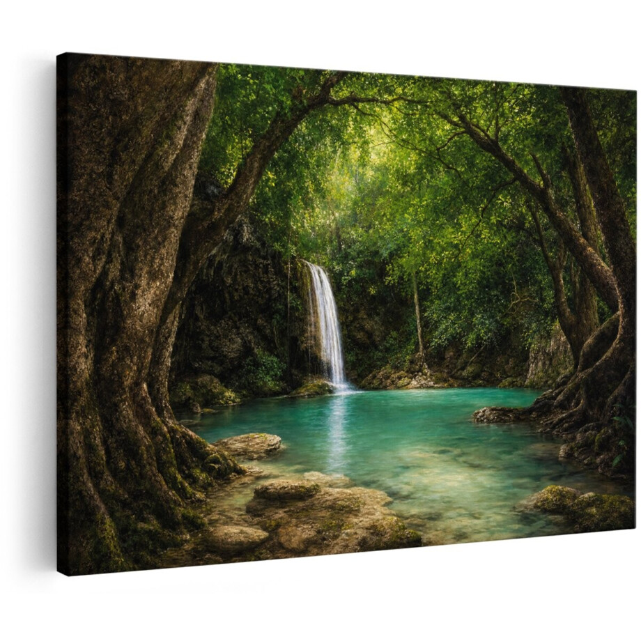 Artaza Canvas Schilderij Jungle Waterval - Tropisch Bos en Turquoise Water - 120x80 cm - Groot - Wanddecoratie Woonkamer - Schilderijen - Muurdecoratie afbeelding 1