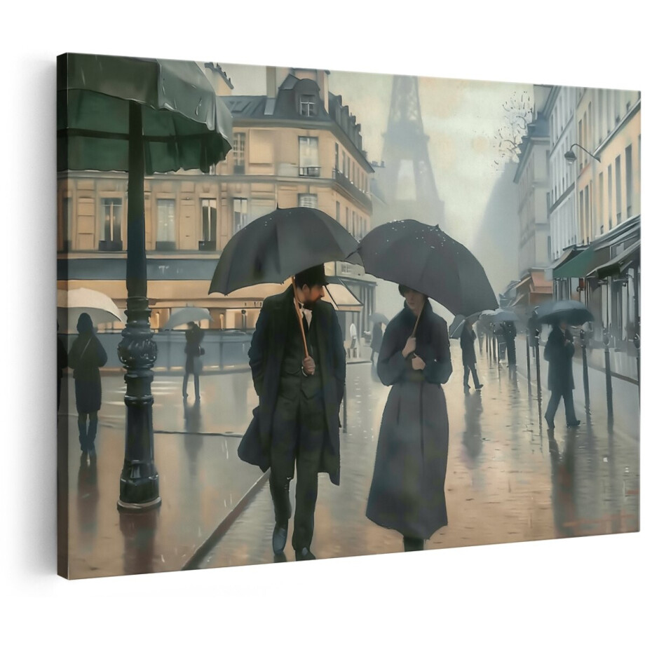 Artaza Canvas Schilderij Twee Mensen met Paraplu’s op een Regenachtige Dag - Parijs - 180x120 cm - Groot - Wanddecoratie Woonkamer - Schilderijen - Muurdecoratie afbeelding 1