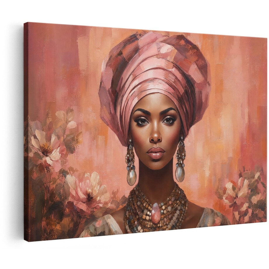 Artaza Canvas Schilderij Vrouw Met Roze Hoofddoek - Abstract Portret - 30x20 cm - Klein - Wanddecoratie Woonkamer - Schilderijen - Muurdecoratie afbeelding 1