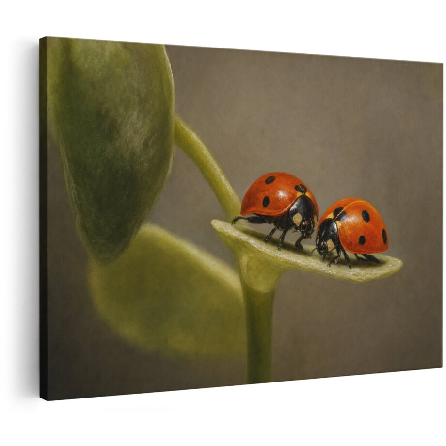 Artaza Canvas Schilderij Lieveheersbeestjes Op Blad - Natuur - Groen - 60x40 cm - Wanddecoratie Woonkamer - Schilderijen - Muurdecoratie afbeelding 1