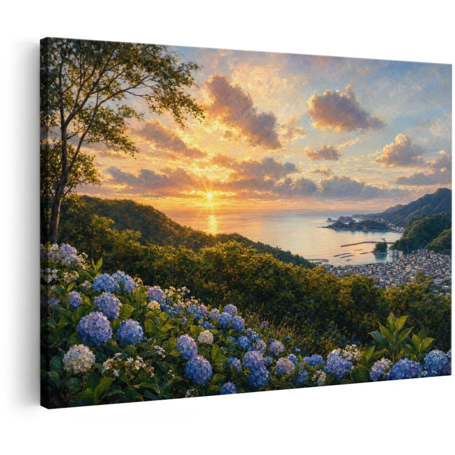 Artaza Canvas Schilderij Zonsondergang Aan Zee Met Hortensia Bloemen En Bergen - 90x60 cm - Wanddecoratie Woonkamer - Schilderijen - Muurdecoratie Artaza Canvas Schilderij Zonsondergang Aan Zee Met Hortensia Bloemen En Bergen - 90x60 cm - Wanddecoratie Woonkamer - Schilderijen - Muurdecoratie afbeelding 1