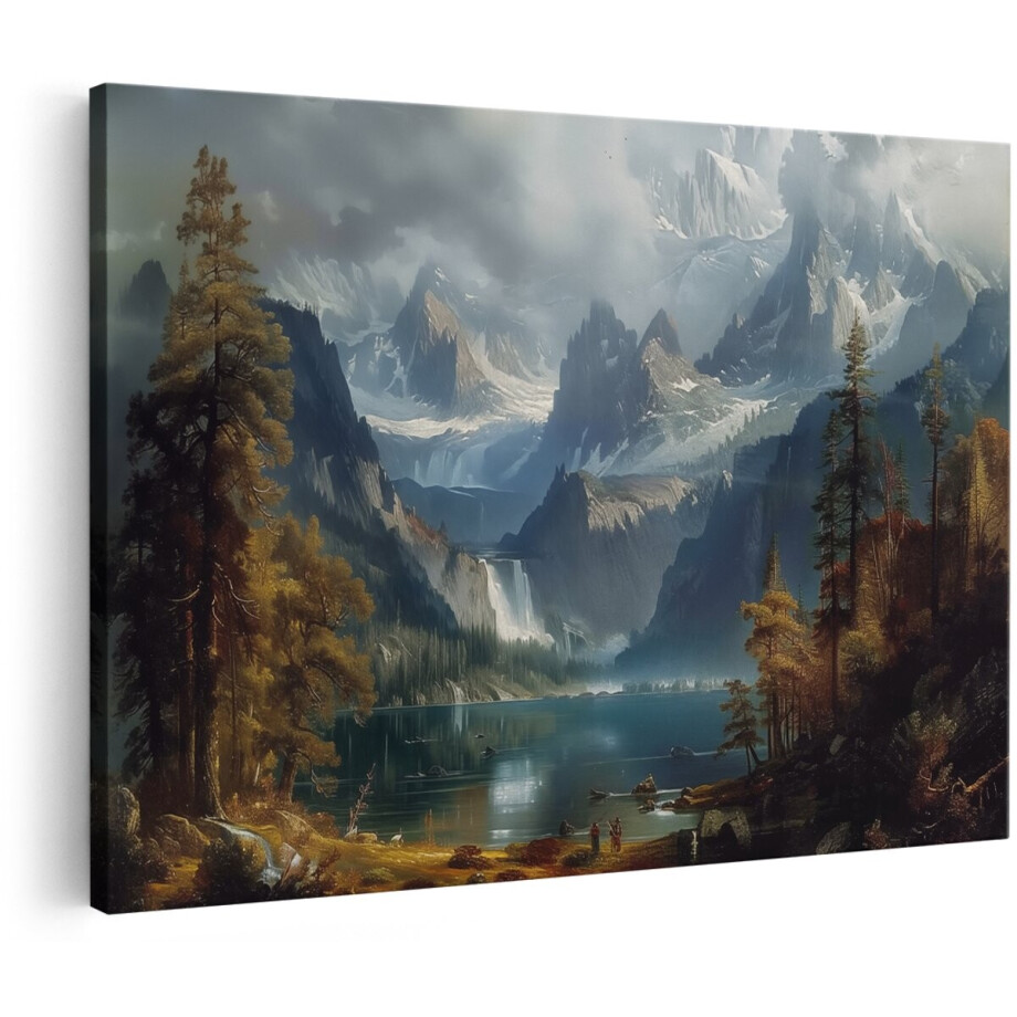 Artaza Canvas Schilderij Kunstwerk van Bergen en een Meer - Landschap - 150x100 cm - Groot - Wanddecoratie Woonkamer - Schilderijen - Muurdecoratie afbeelding 1