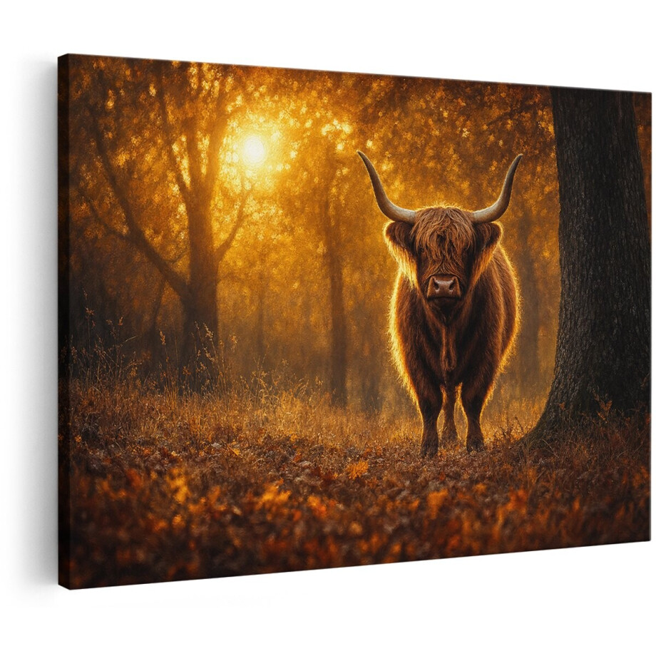Artaza Canvas Schilderij Schotse Hooglander In Herfstbos - Warm Gouden Natuur - 150x100 cm - Groot - Wanddecoratie Woonkamer - Schilderijen - Muurdecoratie afbeelding 1