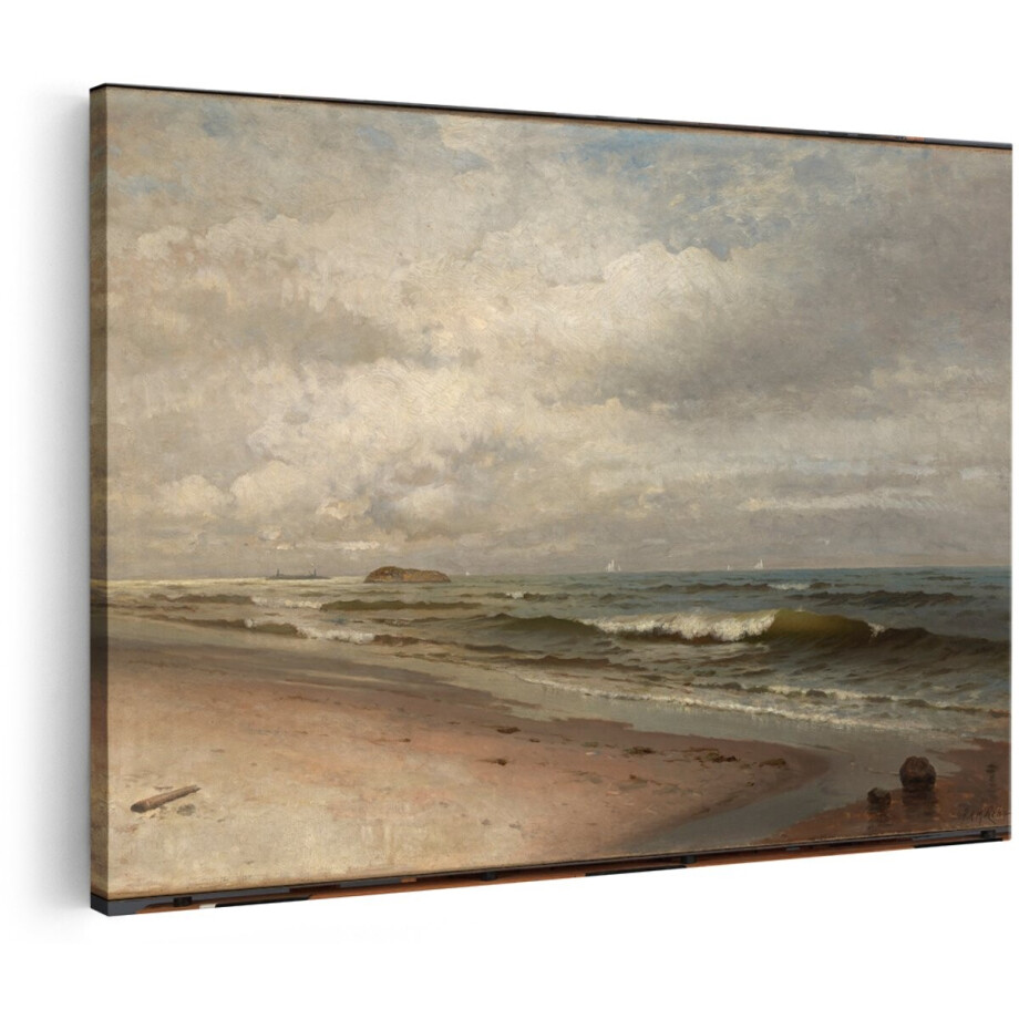 Artaza Canvas Schilderij Strand Zee - 150x100 cm - Groot - Wanddecoratie Landschap - Muurdecoratie Golven - Decoratie Zeilboten Kustgezicht afbeelding 1