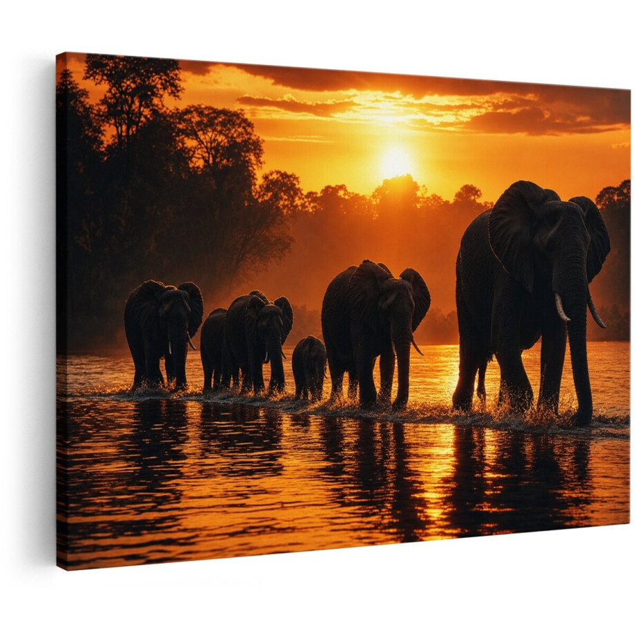 Artaza Canvas Schilderij Olifanten Bij Zonsondergang - Rivier En Goud - 120x80 cm - Groot - Wanddecoratie Woonkamer - Schilderijen - Muurdecoratie afbeelding 1