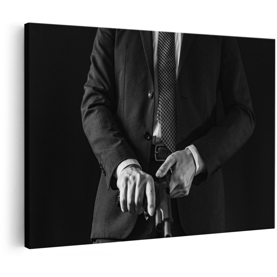 Artaza Canvas Schilderij Man in Pak met een Pistool - Zwart Wit - 150x100 cm - Groot - Foto Op Canvas - Wanddecoratie Woonkamer afbeelding 1
