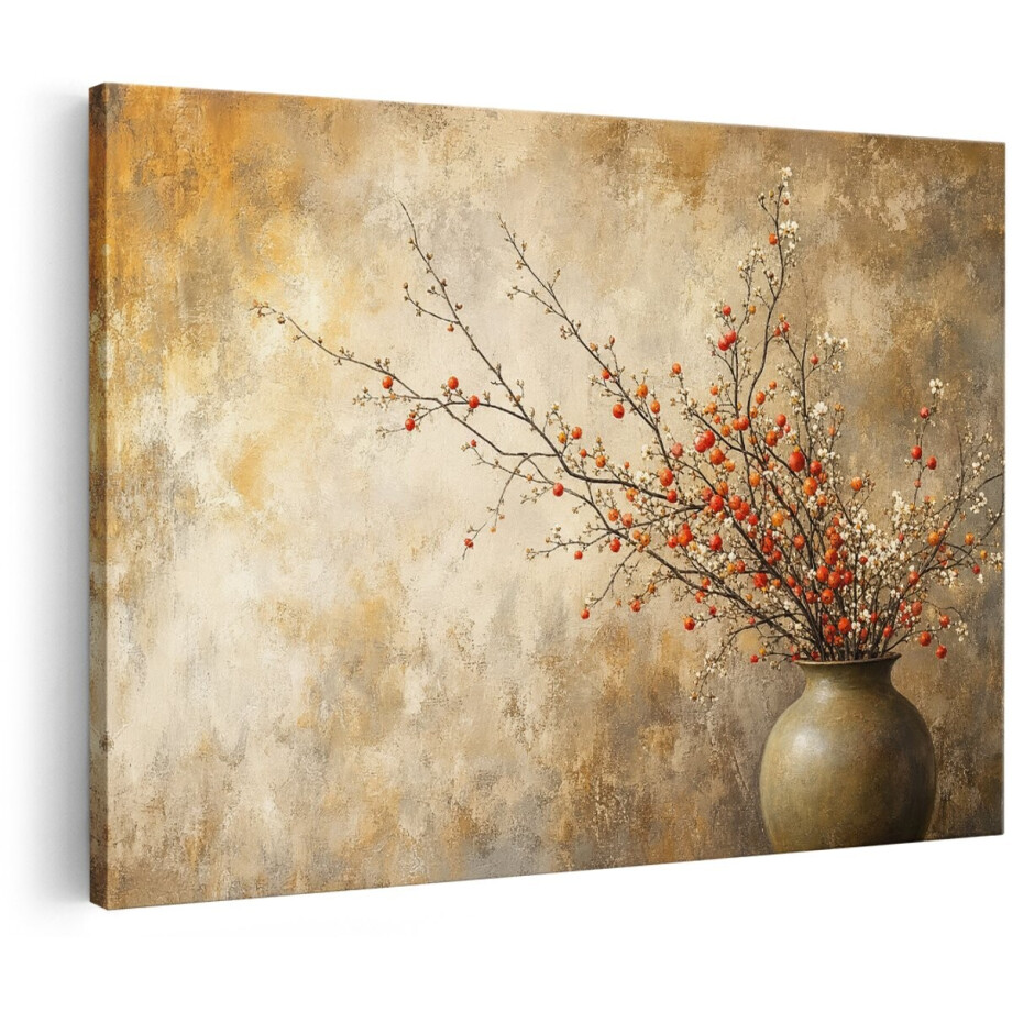 Artaza Canvas Schilderij Keramische Vaas Met Bloesemtakken - Stilleven Bloemen - 90x60 cm - Wanddecoratie Woonkamer - Schilderijen - Muurdecoratie afbeelding 1