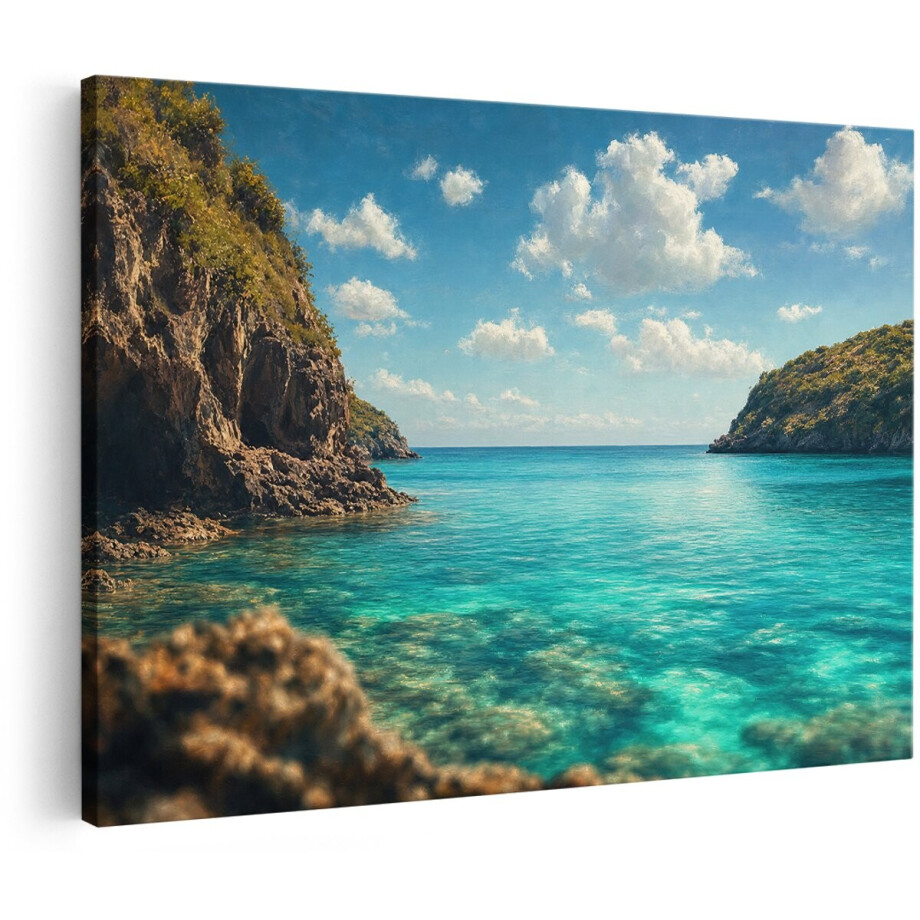 Artaza Canvas Schilderij Turquoise Zee - Rotsen - Tropisch Landschap - 180x120 cm - Groot - Wanddecoratie Woonkamer - Schilderijen - Muurdecoratie afbeelding 1