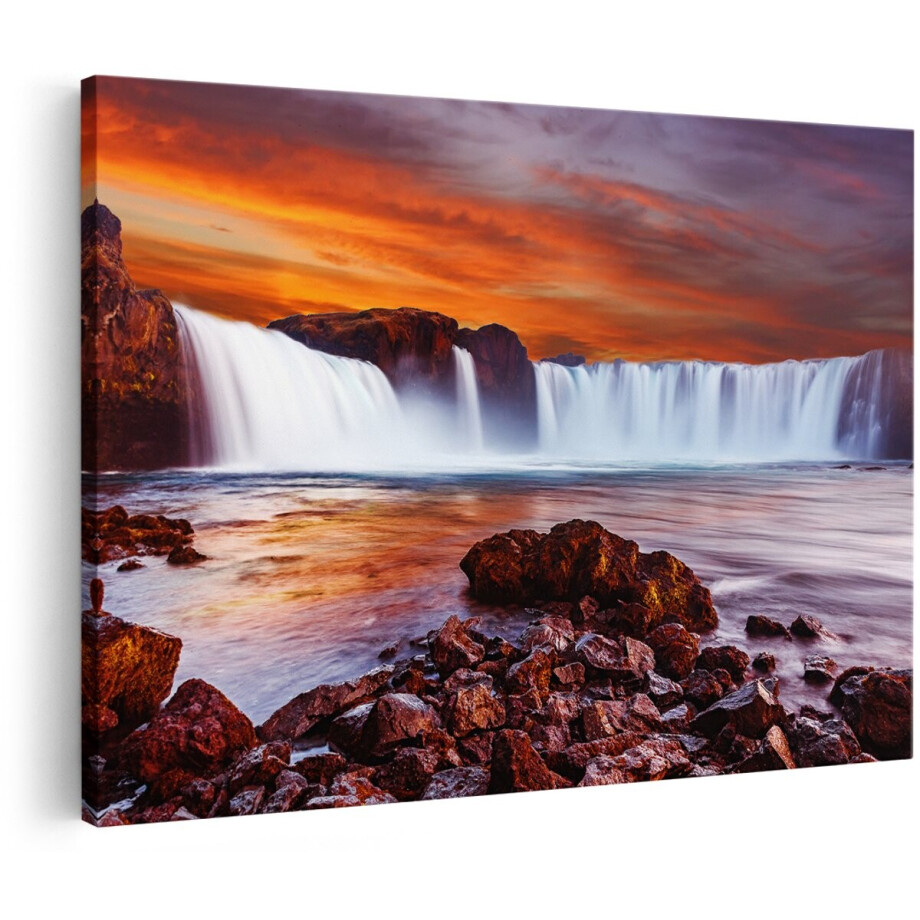 Artaza Canvas Schilderij Waterval Bij Een Oranje Hemel - 180x120 cm - Groot - Wanddecoratie Woonkamer - Schilderijen - Muurdecoratie afbeelding 1