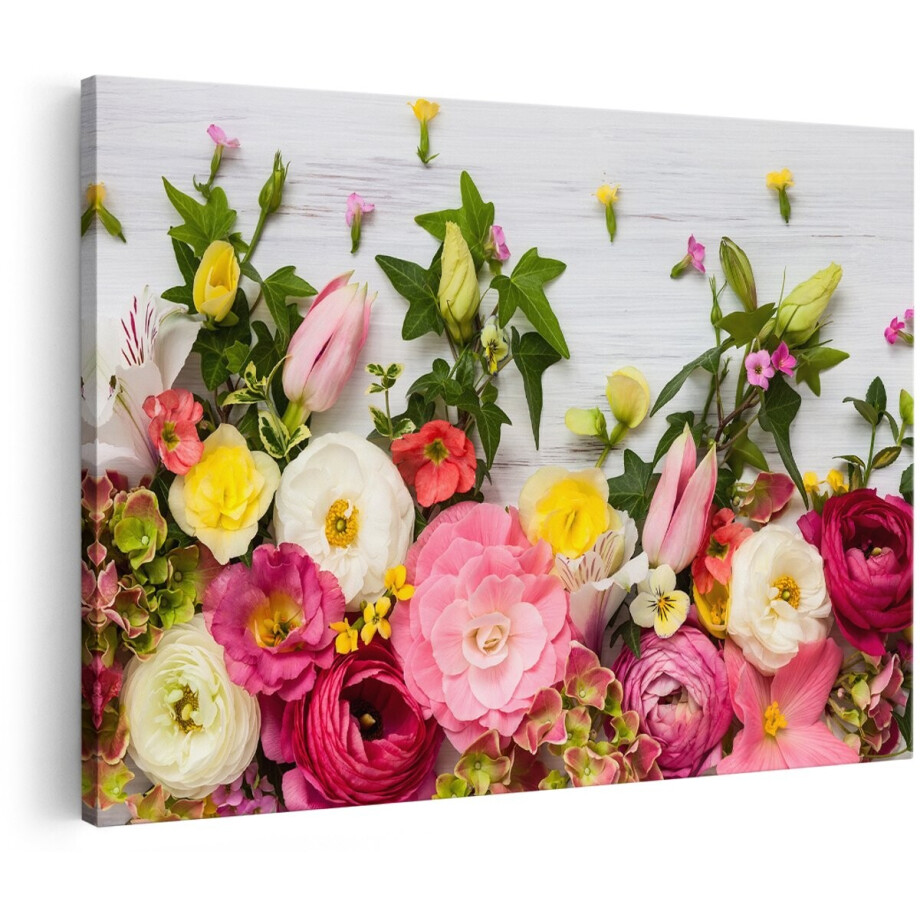 Artaza Canvas Schilderij Bloemen Op Een Witte Houten Achtergrond - 180x120 cm - Groot - Foto Op Canvas - Wanddecoratie Woonkamer afbeelding 1