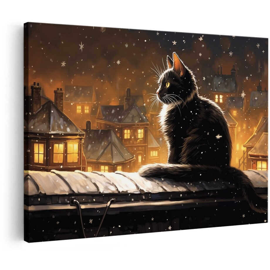 Artaza Canvas Schilderij Kat op het Dak in de Winter - 150x100 cm - Groot - Wanddecoratie Woonkamer - Schilderijen - Muurdecoratie afbeelding 1