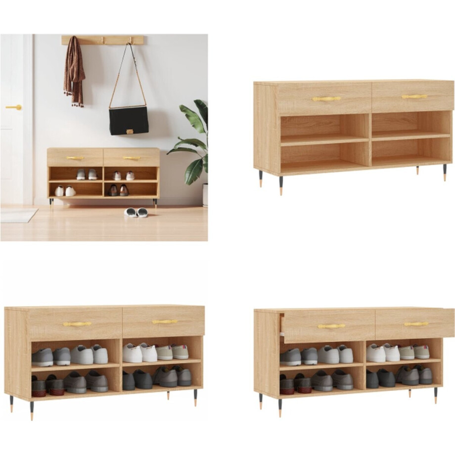 vidaXL Schoenenbank 102x35x55 cm bewerkt hout sonoma eikenkleurig - Schoenenbank - Schoenenbanken - Opbergbank - Schoenenkast afbeelding 1