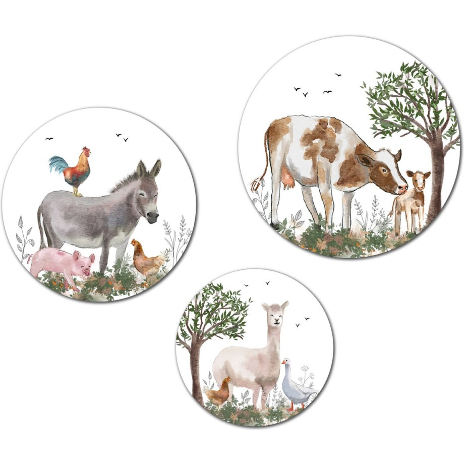 Muurcirkel / Wandcirkel boerderij dieren middel - set van 3 muurcirkels + ophangsysteem - Decoratie kinderkamer / babykamer jongens & meisjes afbeelding 1