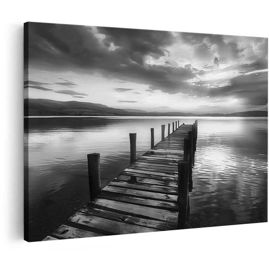 Artaza Canvas Schilderij Houten Pier aan een Meer - Landschap - 150x100 cm - Groot - Wanddecoratie Woonkamer - Schilderijen - Muurdecoratie afbeelding 1