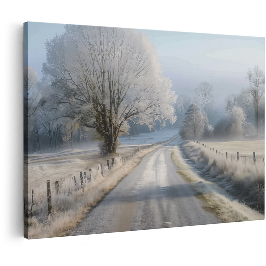 Artaza Canvas Schilderij IJzige Weg op het Platteland - Landschap - 150x100 cm - Groot - Wanddecoratie Woonkamer - Schilderijen - Muurdecoratie afbeelding 1