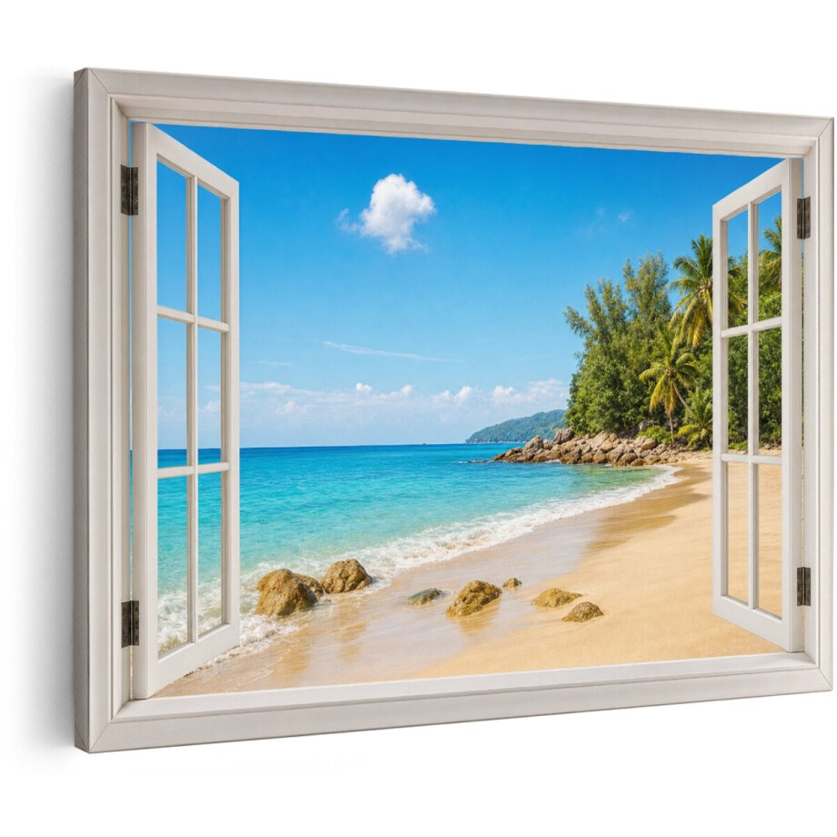 Artaza Canvas Schilderij Tropisch Strand - Blauw Zeezicht Met Open Raam - 120x80 cm - Groot - Wanddecoratie Woonkamer - Schilderijen - Muurdecoratie afbeelding 1