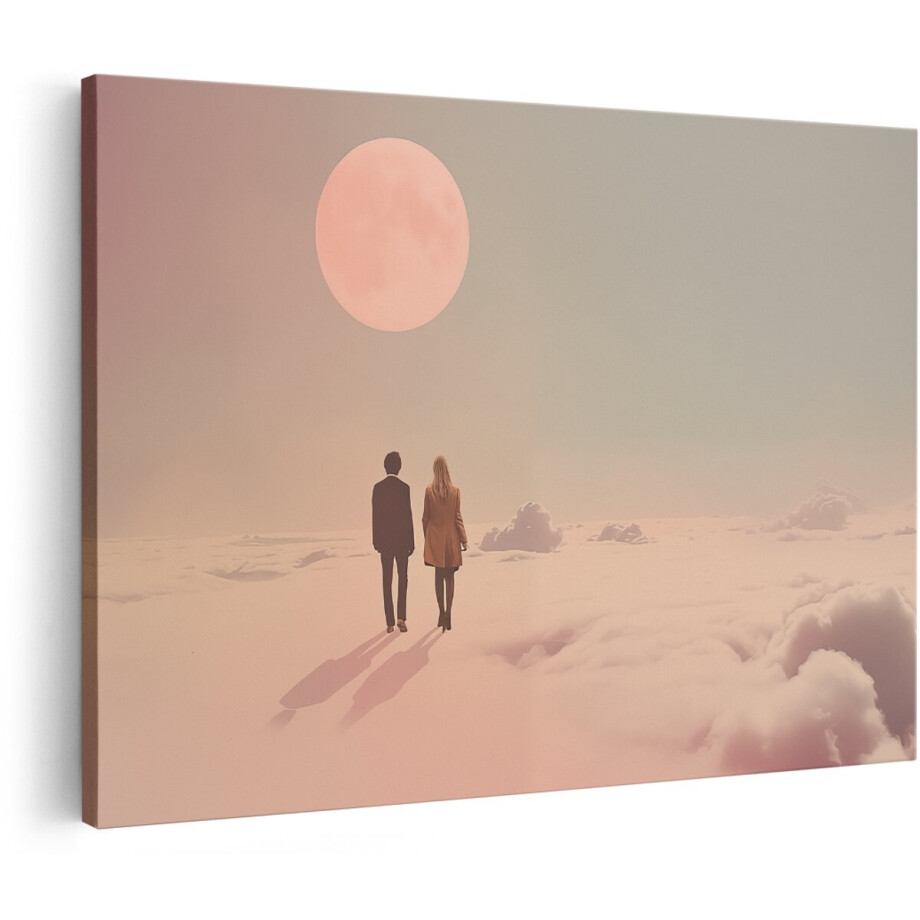 Artaza Canvas Schilderij Twee Mensen op Wolken met een Volle Maan - 180x120 cm - Groot - Wanddecoratie Woonkamer - Schilderijen - Muurdecoratie afbeelding 1