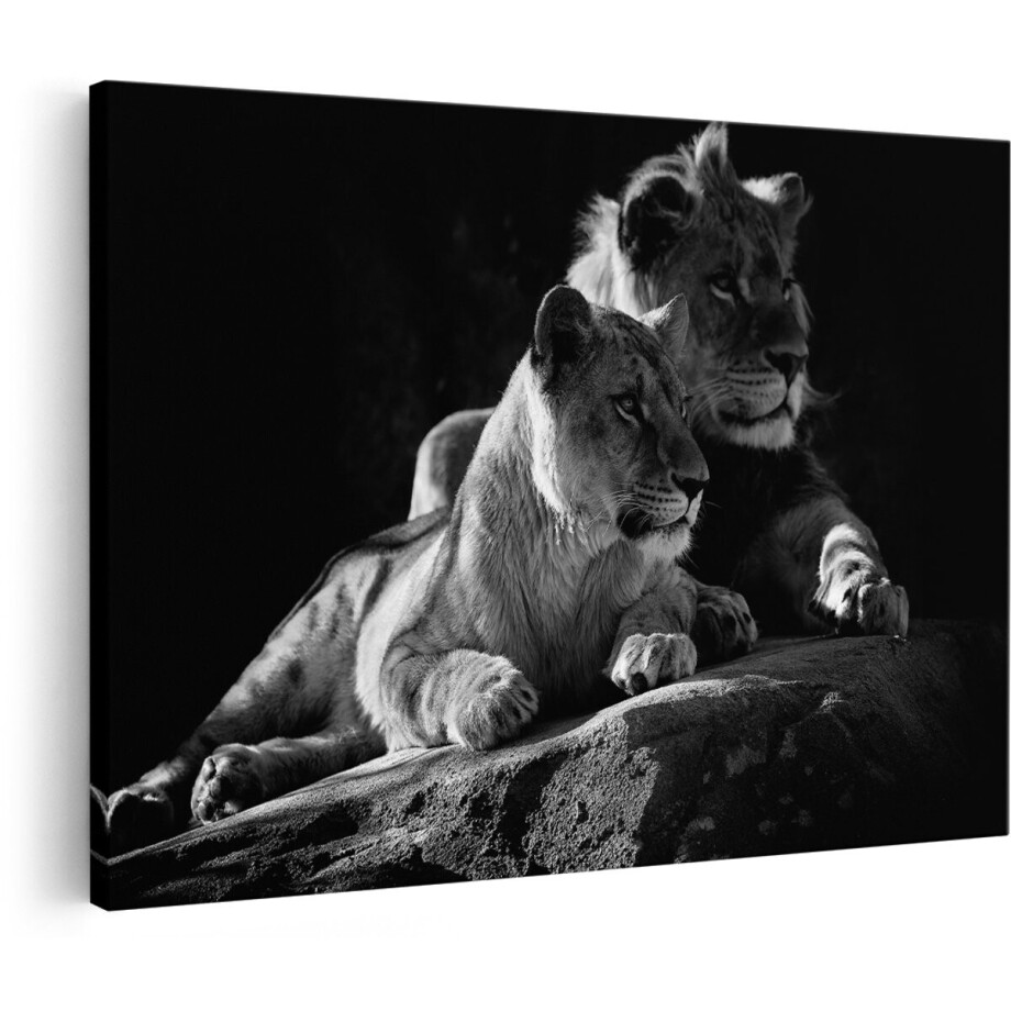 Artaza Canvas Schilderij Leeuw en Leeuwin zitten naast elkaar - Zwart Wit - 150x100 cm - Groot - Wanddecoratie Woonkamer - Schilderijen - Muurdecoratie afbeelding 1
