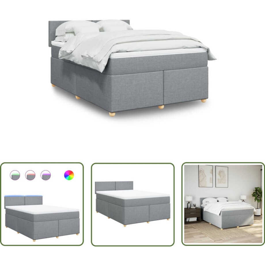 vidaXL Boxspringbed - Boxspring - Boxspring met matras stof lichtgrijs 140x200 cm - Led Verlichting - Matras - Pocketveringmatras afbeelding 1