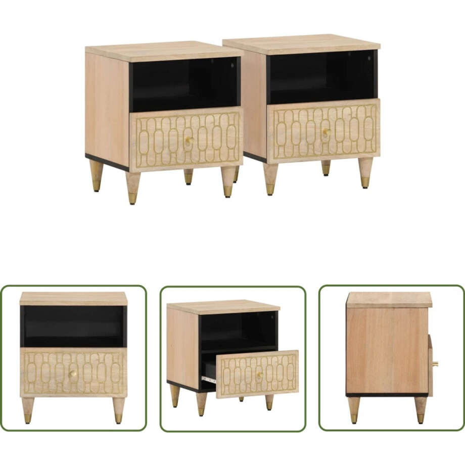 vidaXL Mango Wood - Nachtkastjes - Nachtkastjes 2 st 40x33x46 cm massief mangohout - Vintage Design - Handgemaakt - Bedroom Furniture afbeelding 1