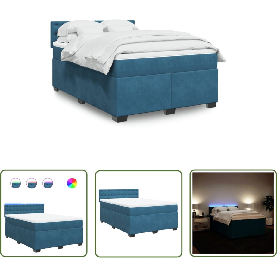 vidaXL Tweepersoonsbed - Boxspring - Boxspring met matras fluweel blauw 140x190 cm - Fluweel Bed - Led Lampen Bed - Boxspring Frame afbeelding 1