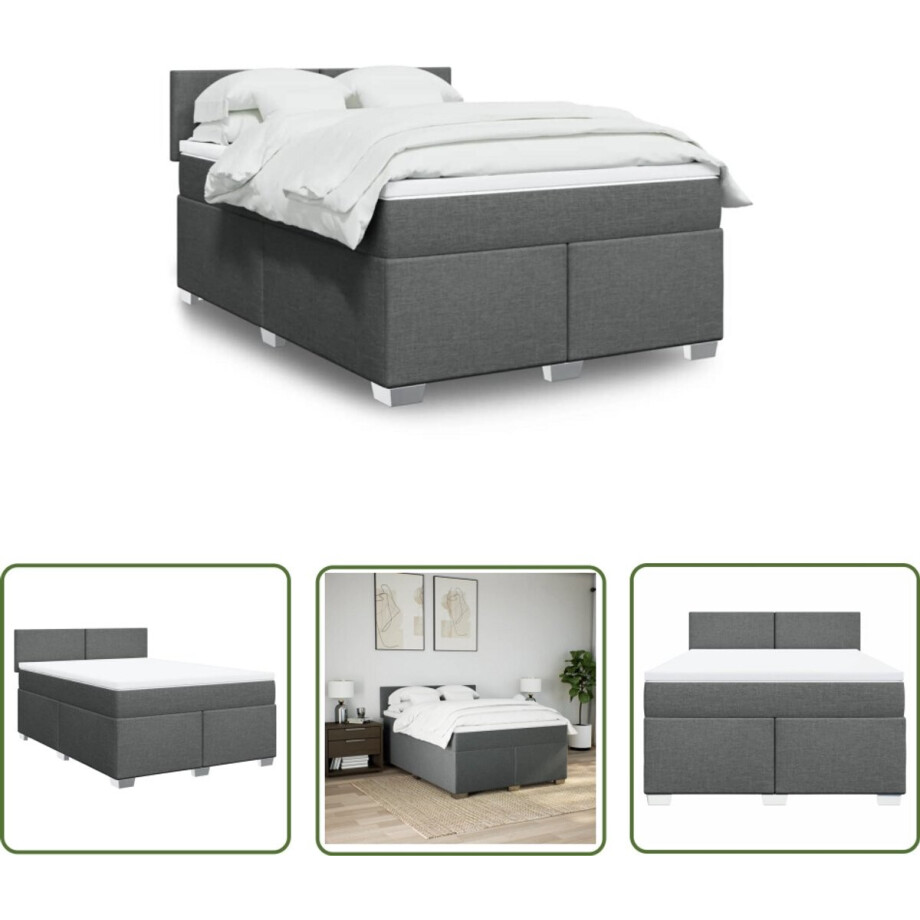vidaXL Boxspringbed - Boxspring - Boxspring met matras stof donkergrijs 160x200 cm - Matras - Pocketveringmatras - Dark Grey afbeelding 1