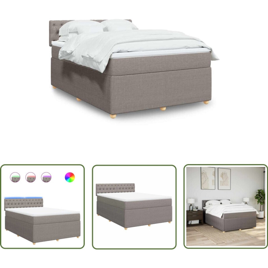 vidaXL Boxspringbed - Boxspring - Boxspring met matras stof taupe 140x200 cm - Matras - Pocketveringmatras - Led Verlichting vidaXL Boxspringbed - Boxspring - Boxspring met matras stof taupe 140x200 cm - Matras - Pocketveringmatras - Led Verlichting afbeelding 1