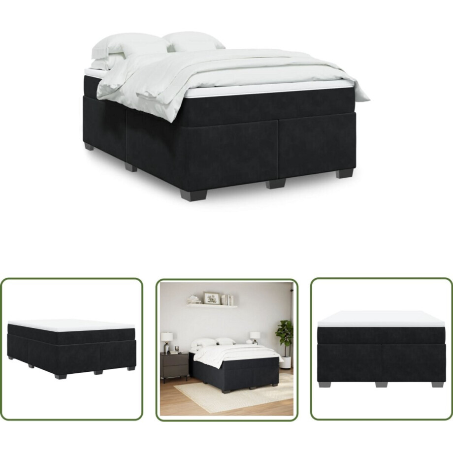 vidaXL Boxspringbed - Boxspring - Boxspring met matras fluweel zwart 160x200 cm - Fluweel - Zwarte Boxspring - Tweepersoons Bed afbeelding 1