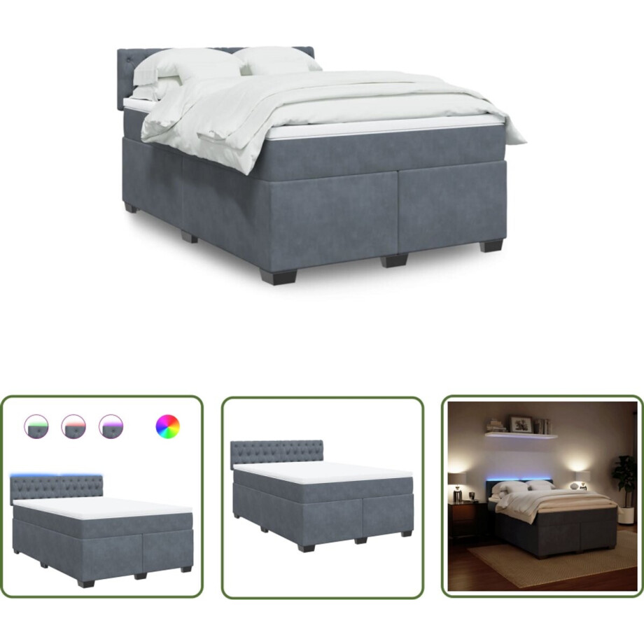 vidaXL Matras - Boxspring - Boxspring met matras fluweel donkergrijs 140x200 cm - Fluweel - Donker Grijs - Slaapkamer afbeelding 1