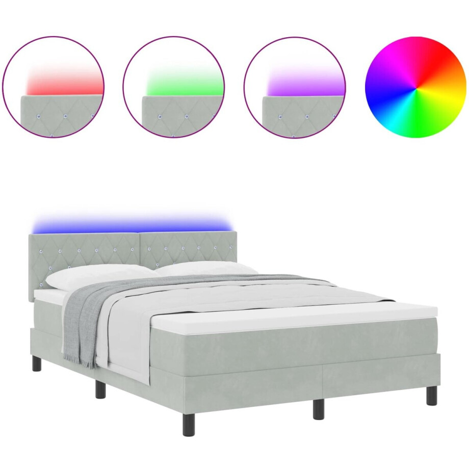 vidaXL - LED - Box - Spring - Bed - met - matras - Lichtgrijs - 140 - x - 200 - cm - Fluweel afbeelding 1