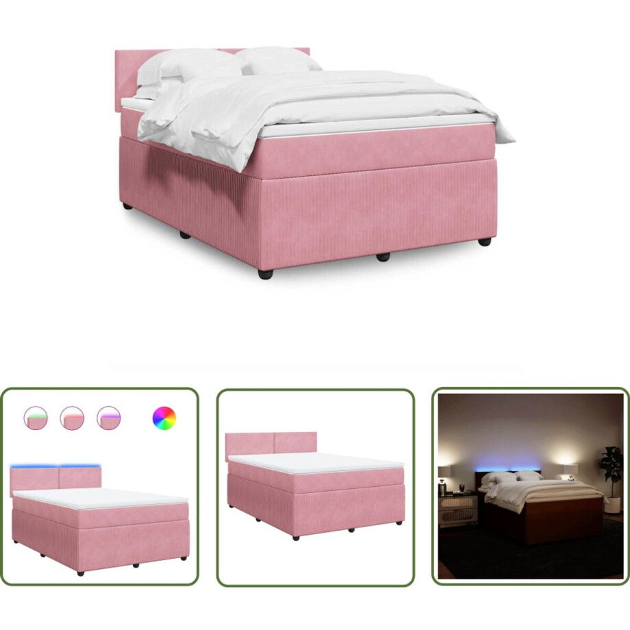 vidaXL Slaapcomfort - Boxspring - Boxspring met matras fluweel roze 140x190 cm - Fluweel - Roze - Pocketvering afbeelding 1