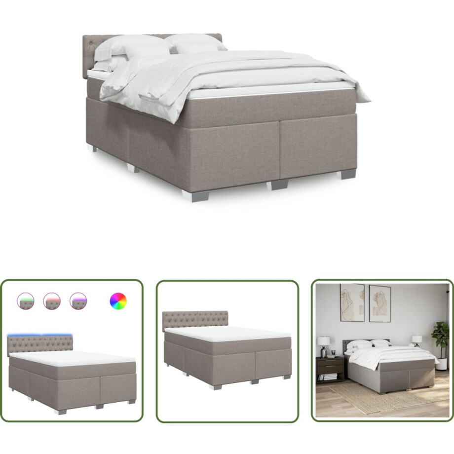 vidaXL Matras - Boxspring - Boxspring met matras stof taupe 140x200 cm - Led Verlichting - Bedroom Furniture - Slaapkamer vidaXL Matras - Boxspring - Boxspring met matras stof taupe 140x200 cm - Led Verlichting - Bedroom Furniture - Slaapkamer afbeelding 1