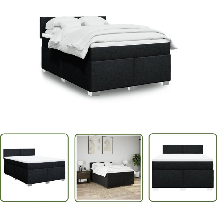 vidaXL Matras - Boxspring - Boxspring met matras stof zwart 140x190 cm - Bed Frame - Hoofdbord - Zwarte Boxspring afbeelding 1
