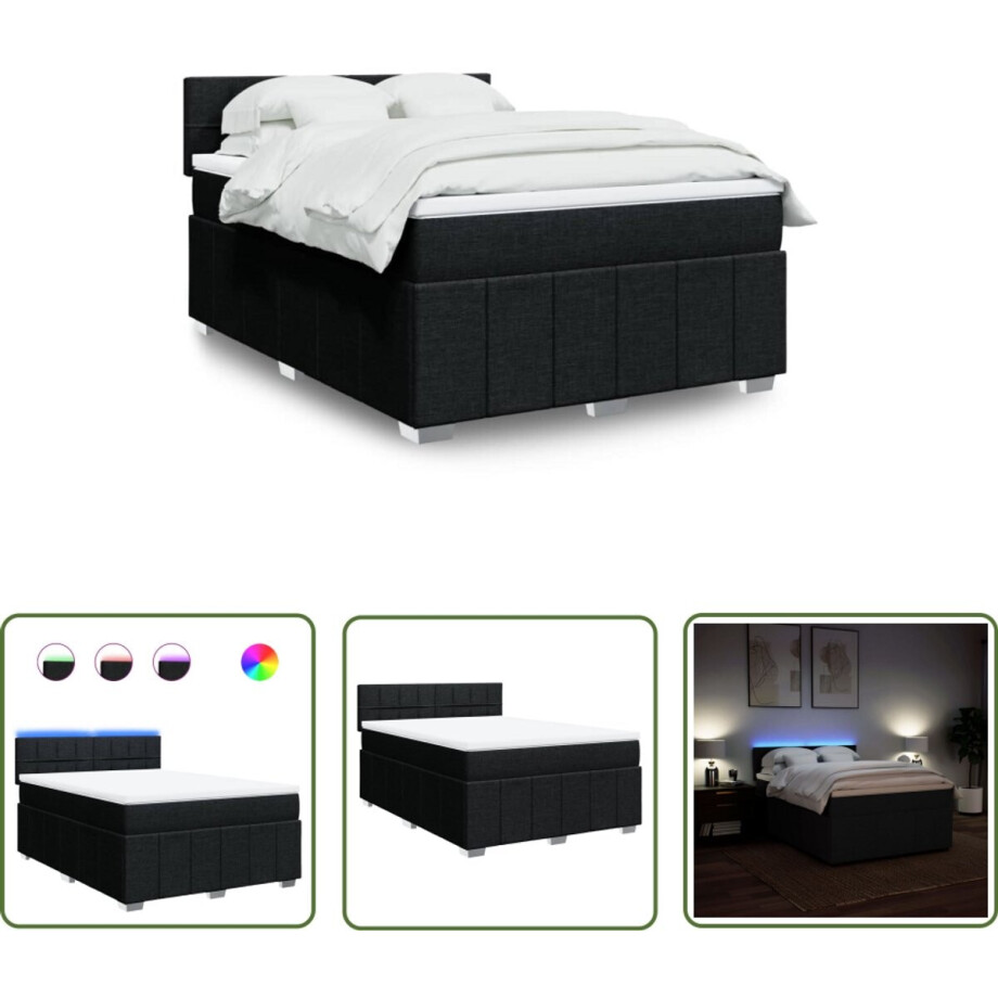vidaXL Bed Frame - Boxspring - Boxspring met matras stof zwart 140x200 cm - Matras - Led Verlichting - Slaapkamer afbeelding 1