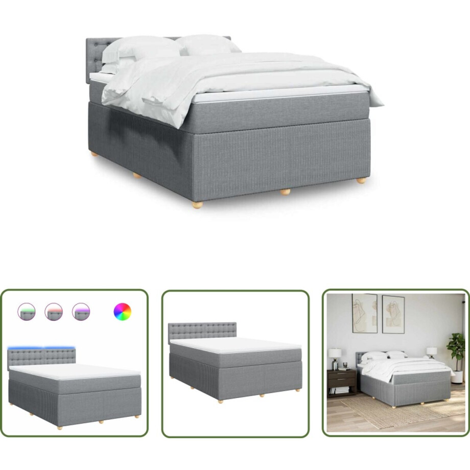 vidaXL Bed Frame - Boxspring - Boxspring met matras stof lichtgrijs 140x200 cm - Led Lamp - Matras - Pocketvering afbeelding 1