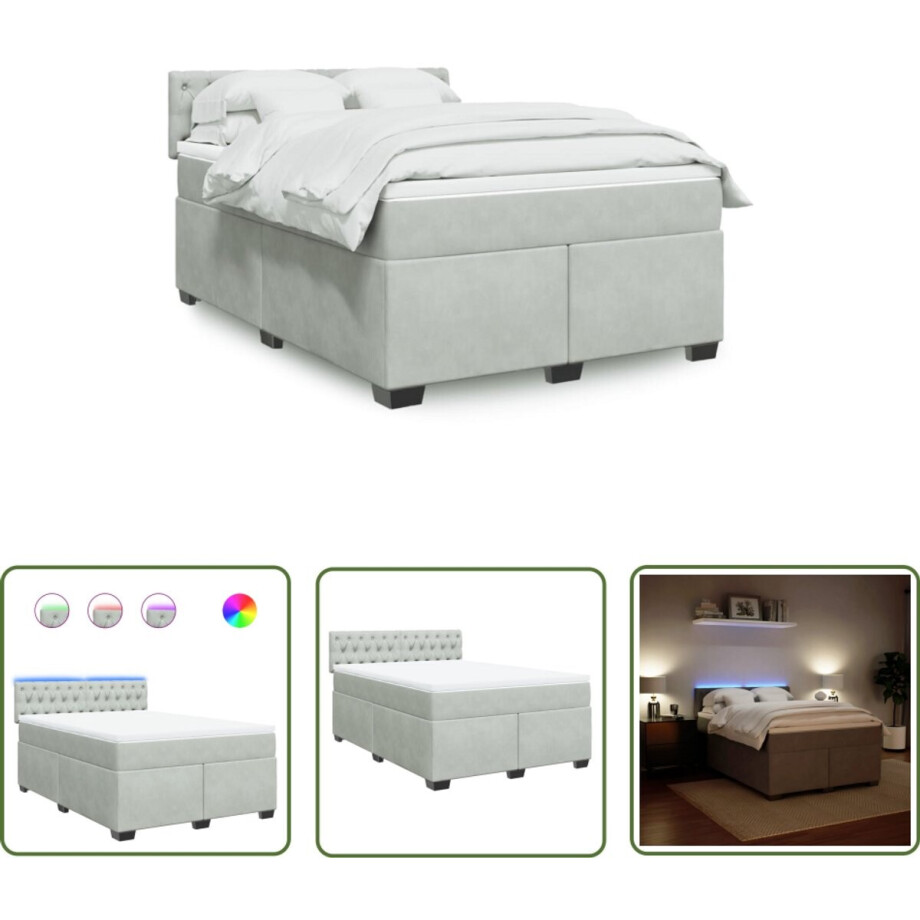 vidaXL Slaapcomfort - Boxspring - Boxspring met matras fluweel lichtgrijs 140x200 cm - Fluweel - Matras - Led Verlichting afbeelding 1