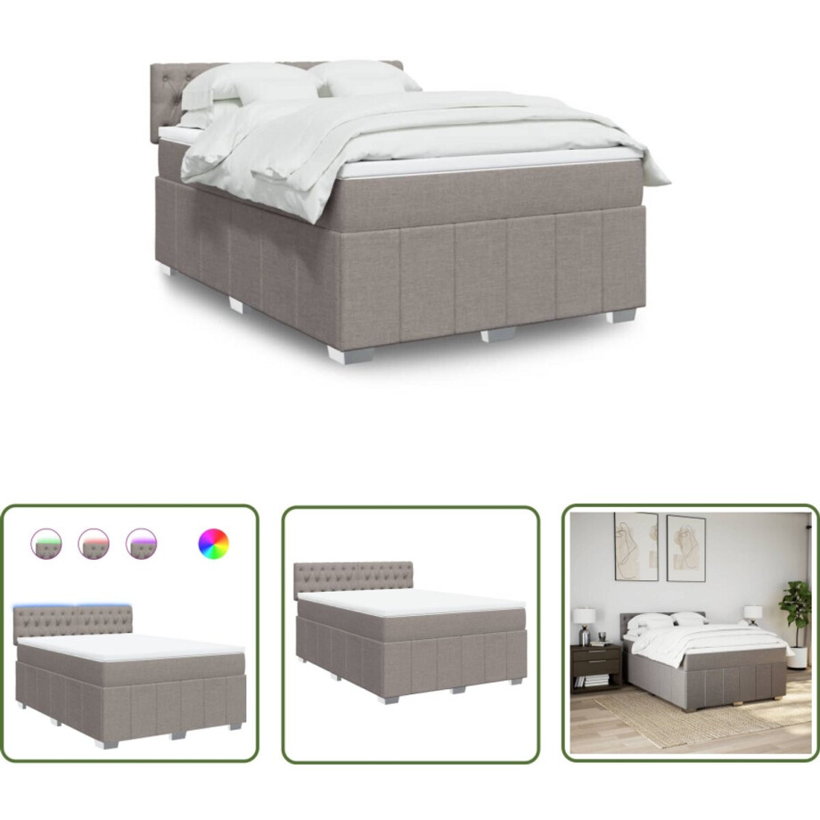 vidaXL Boxspringbed - Boxspring - Boxspring met matras stof taupe 160x200 cm - Matras - Led Verlichting - Pocketvering afbeelding 1
