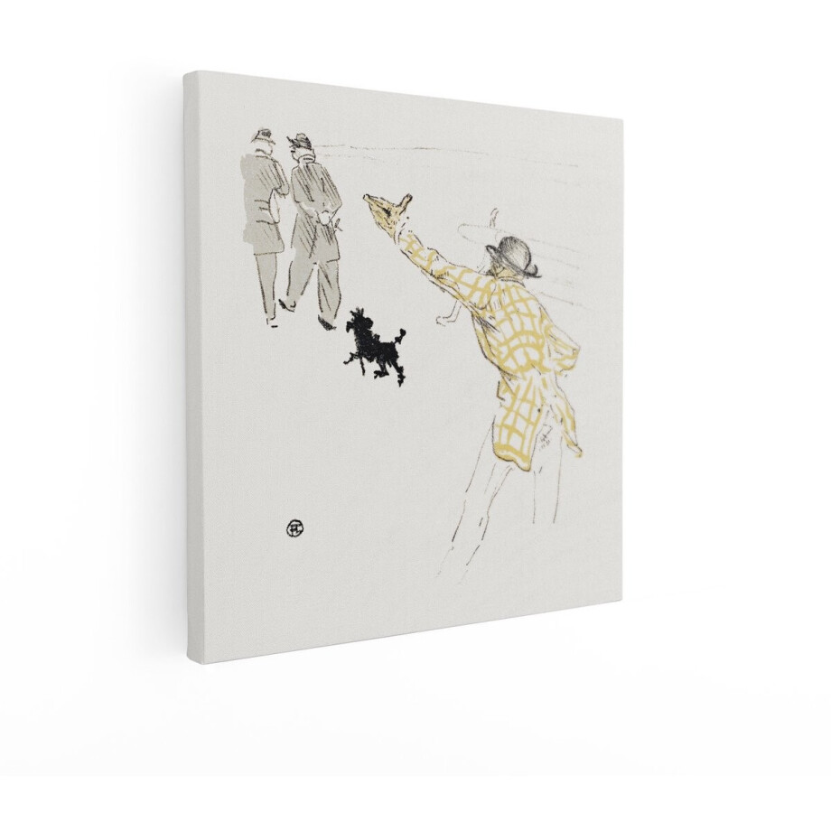 Artaza Canvas Schilderij Vintage Illustratie van een Man Die een Bal Gooit Naar een Poedel met twee Toeschouwers - 50x50 cm - Wanddecoratie Woonkamer - Schilderijen - Muurdecoratie afbeelding 1