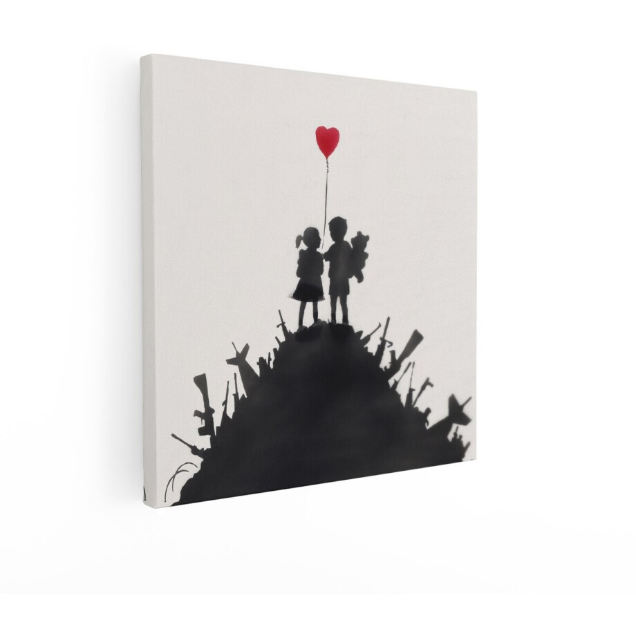 Artaza Canvas Schilderij Banksy - 90x90 cm - Wanddecoratie Kinderen Met Hartballon - Muurdecoratie Zwart Wit - Schilderijen Op Canvas afbeelding 1