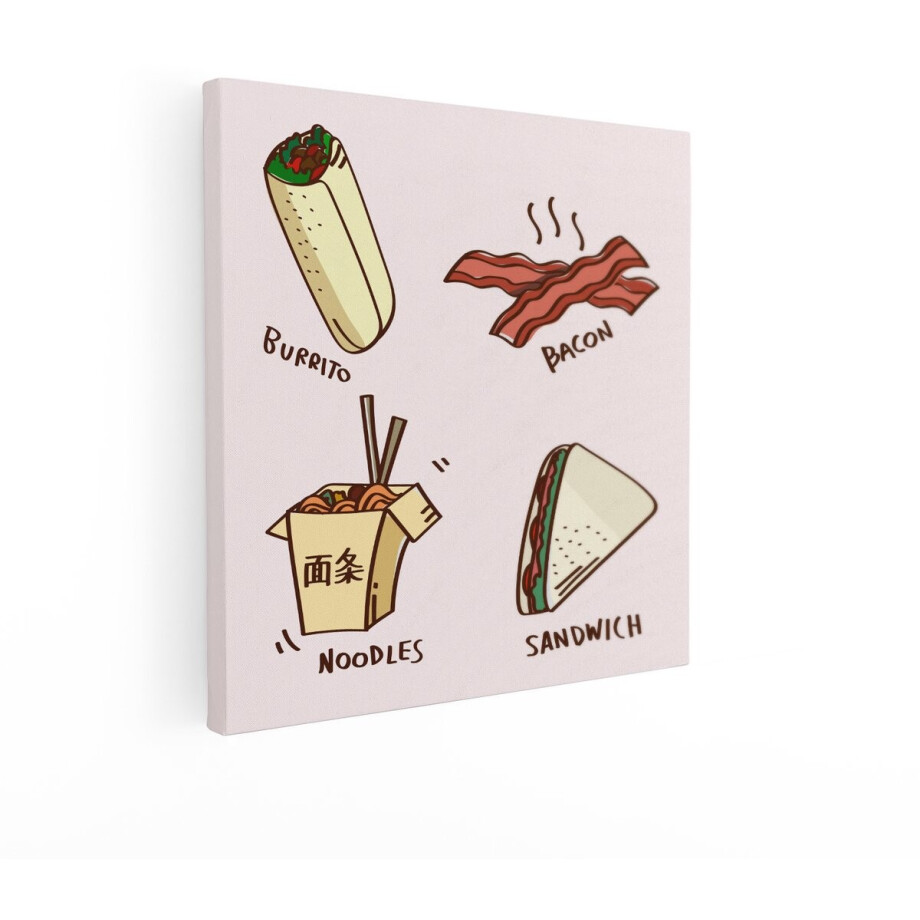 Artaza Canvas Schilderij Vier Verschillende Soorten Eten - Waaronder een Burrito - Spek - Noedels en een Sandwich - 40x40 cm - Wanddecoratie Woonkamer - Schilderijen - Muurdecoratie afbeelding 1