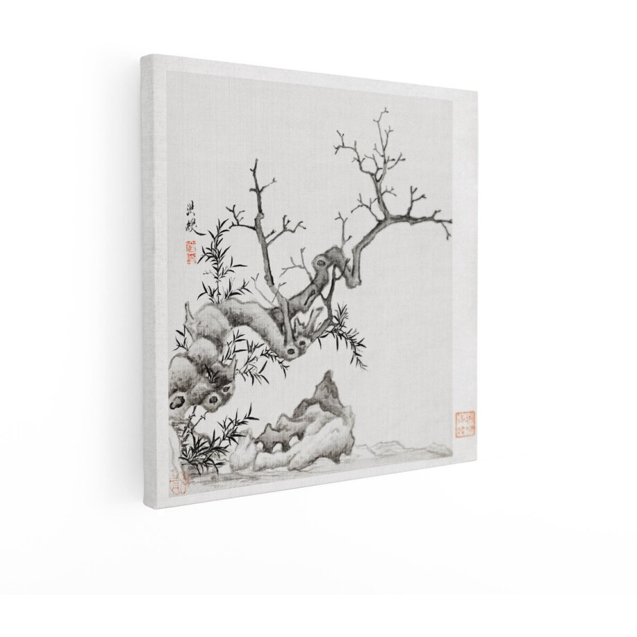 Artaza Canvas Schilderij Boom - 90x90 cm - Wanddecoratie Japandi - Muurdecoratie Natuur - Decoratie Zwart Wit - Schilderijen Op Canvas afbeelding 1