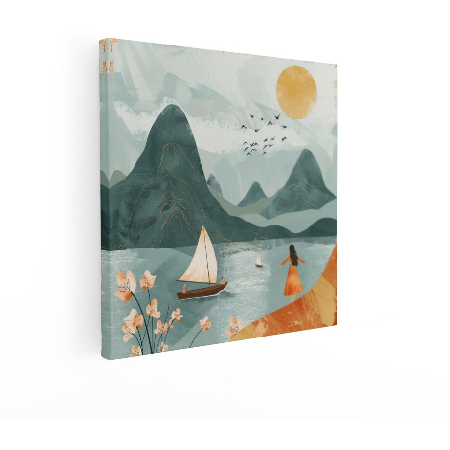 Artaza Canvas Schilderij Rustige Zeiltocht bij Zonsopgang met Berglandschap en Bloemen - 70x70 cm - Wanddecoratie Woonkamer - Schilderijen - Muurdecoratie afbeelding 1