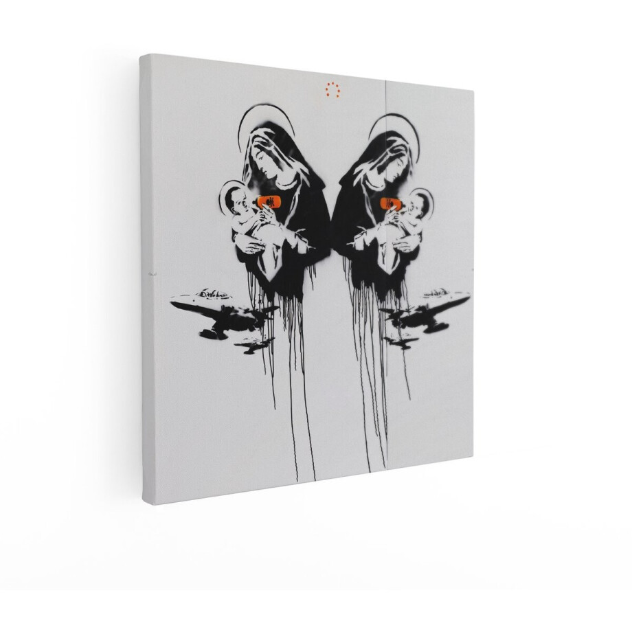 Artaza Canvas Schilderij Banksy - 90x90 cm - Wanddecoratie Madonna en Kind - Muurdecoratie Street Art - Schilderijen Zwart Wit afbeelding 1