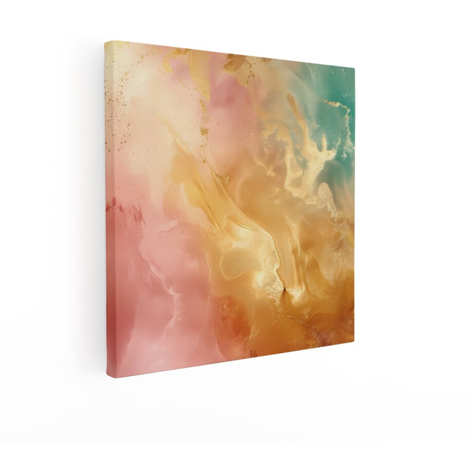 Artaza Canvas Schilderij Abstracte Gouden en Roze Marmertextuur met Aquarelverf en Glitter - 90x90 cm - Groot - Wanddecoratie Woonkamer - Schilderijen - Muurdecoratie afbeelding 1