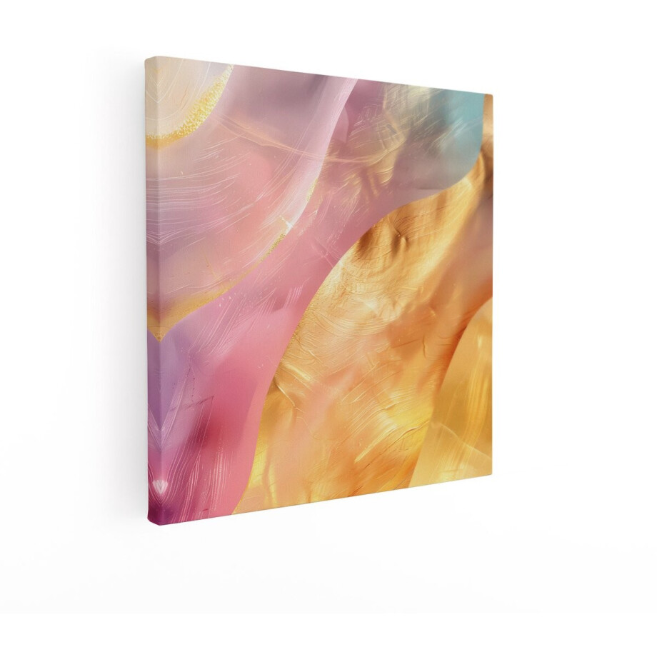 Artaza Canvas Schilderij Abstracte Golven van Pastelroze en Goud met Textuur en Glans - 90x90 cm - Groot - Wanddecoratie Woonkamer - Schilderijen - Muurdecoratie afbeelding 1
