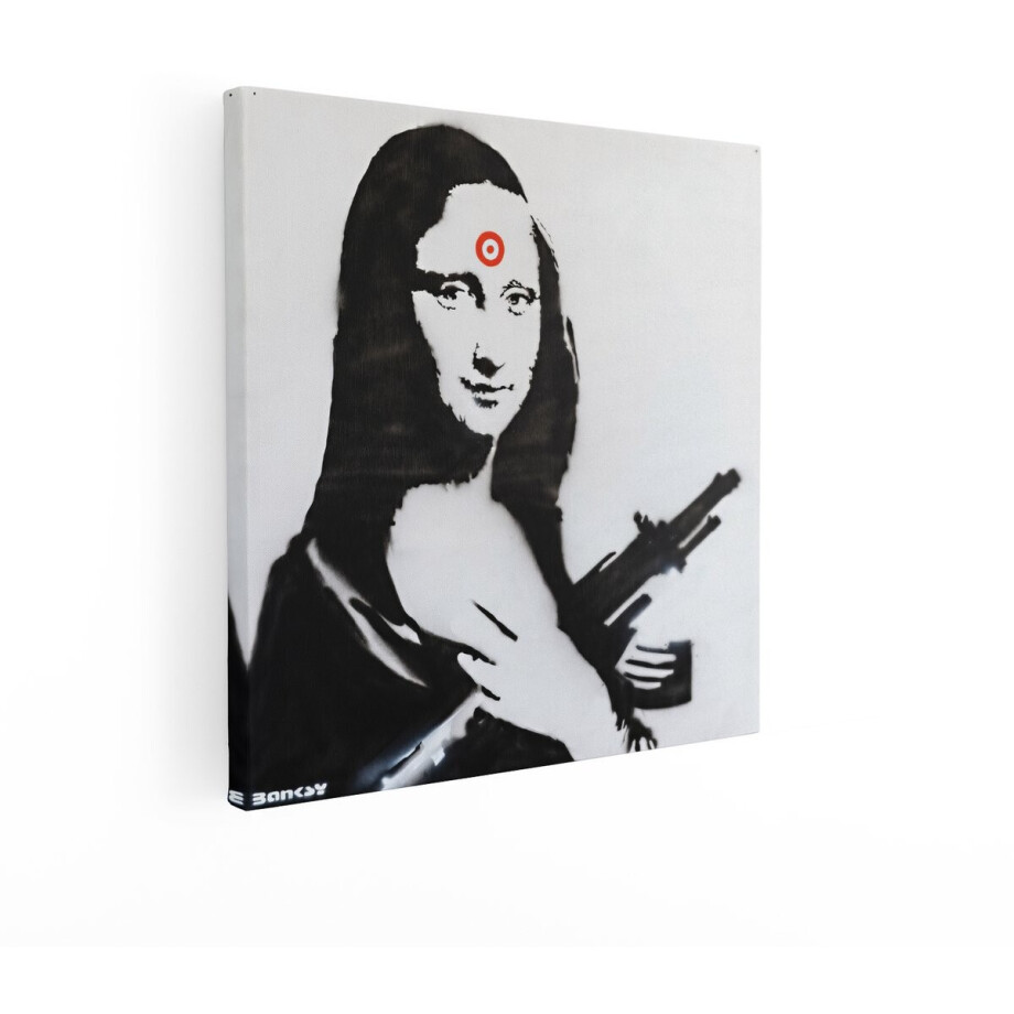 Artaza Canvas Schilderij Banksy Mona Lisa met Doelwit op Voorhoofd en Geweer in Handen - 70x70 cm - Wanddecoratie Woonkamer - Schilderijen - Muurdecoratie afbeelding 1