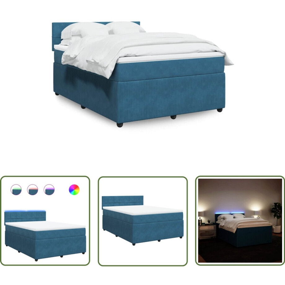 vidaXL Slaapcomfort - Boxspring - Boxspring met matras fluweel blauw 140x190 cm - Led Verlichting - Fluweel - Matras afbeelding 1